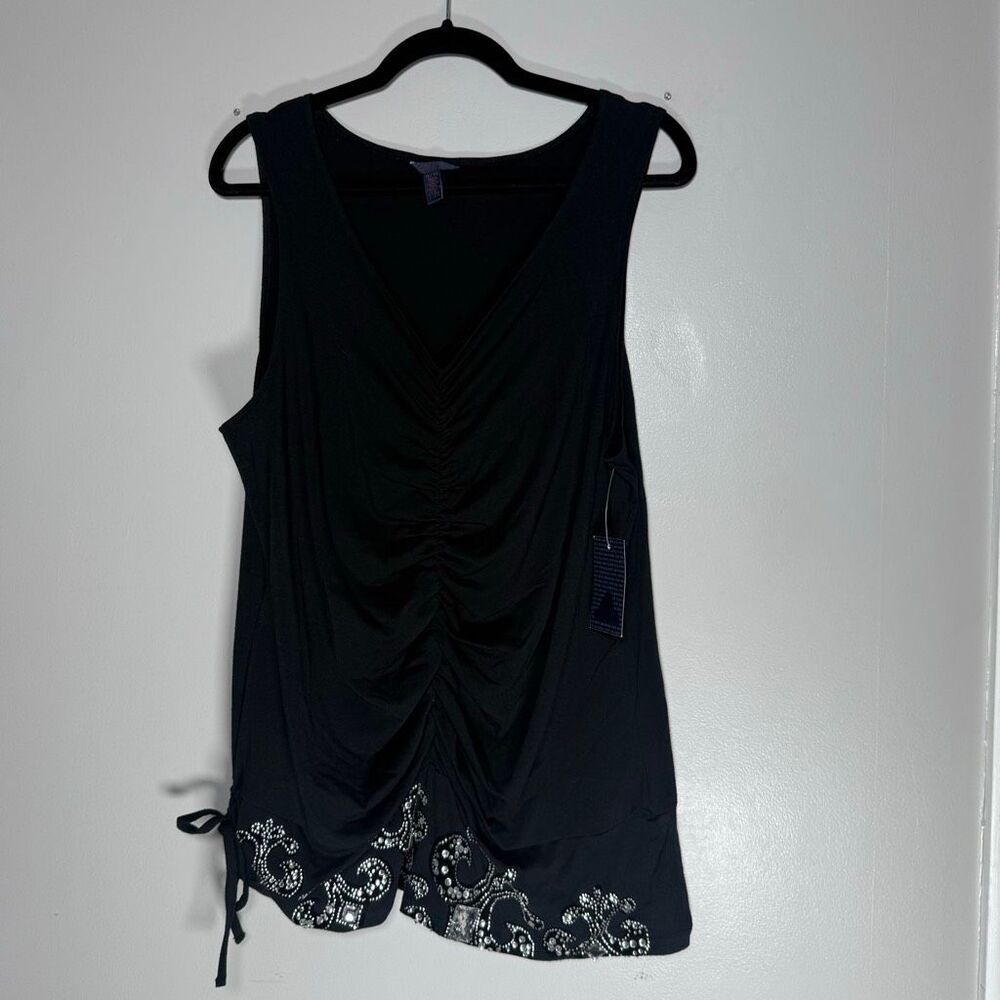 NWT Dereon Black Ruched Rhinestone Hem Y2K Long Tank Top Blouse Shirt